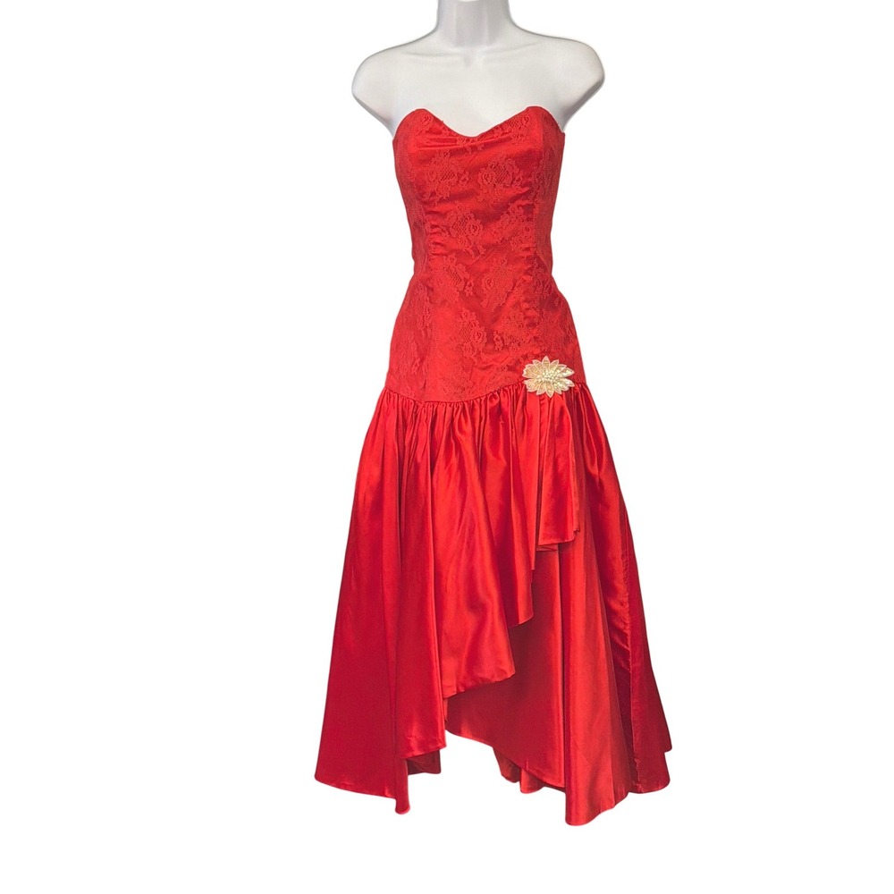 80s Vintage Unbranded Strapless Lace Satin Dress Prom Formal High Low Romantic